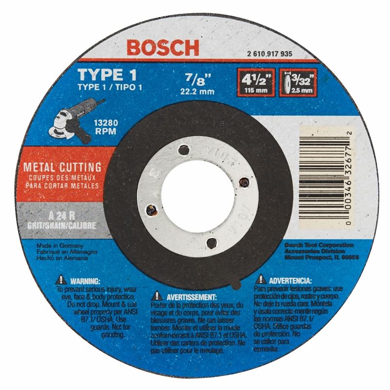 Bosch | CW1M450 4-1/2 In. 3/32 In. 7/8 In. Arbor Type 1A (ISO 41) 24 Grit Metal Cutting Abrasive Wheel