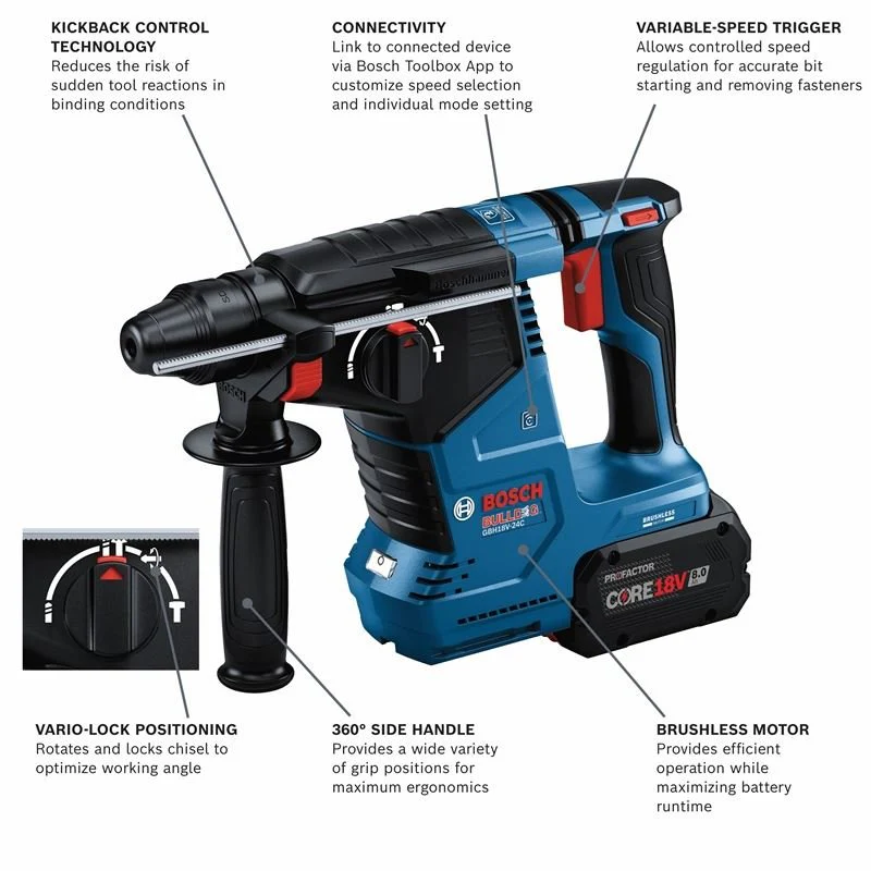 Bosch GBH18V-24CK24 18V Brushless Connected SDS-plus Bulldog 1 In. Rotary Hammer with (2) CORE 18V PROFACTOR Performance Batteries - Image 4
