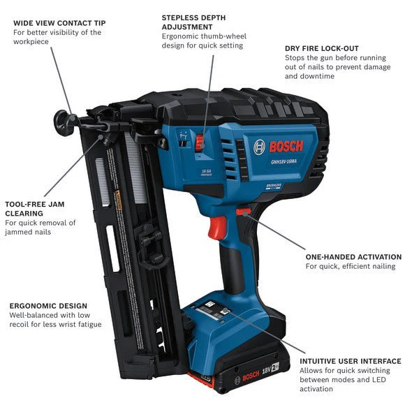 Bosch GNH18V-16MAB12 18V Brushless 16-Gauge Angled Finish Nailer Kit with (1) 2 Ah Standard Power Battery - Image 2