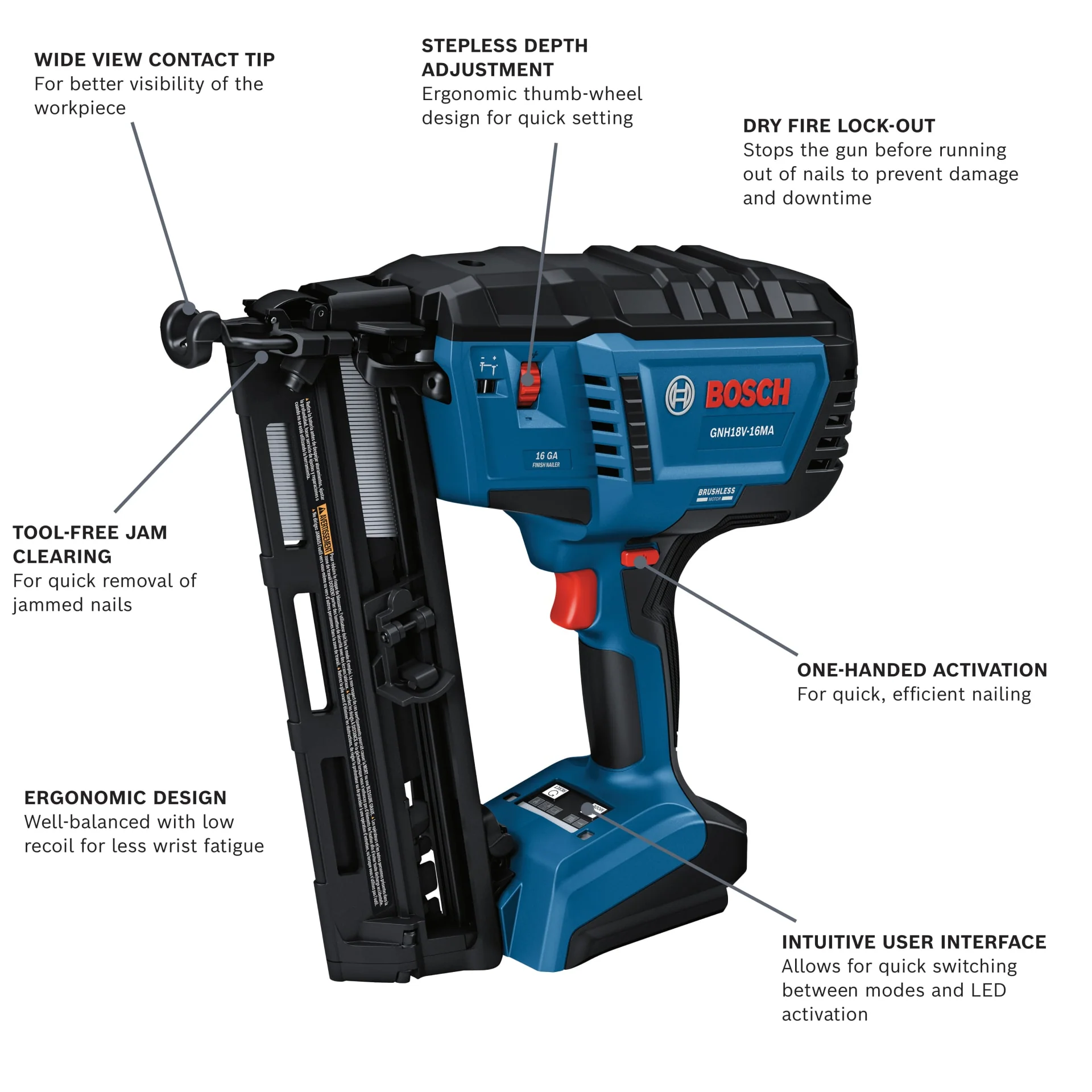 Bosch GNH18V-16MAN 18V Brushless 16-Gauge Angled Finish Nailer (Bare Tool) - Image 2