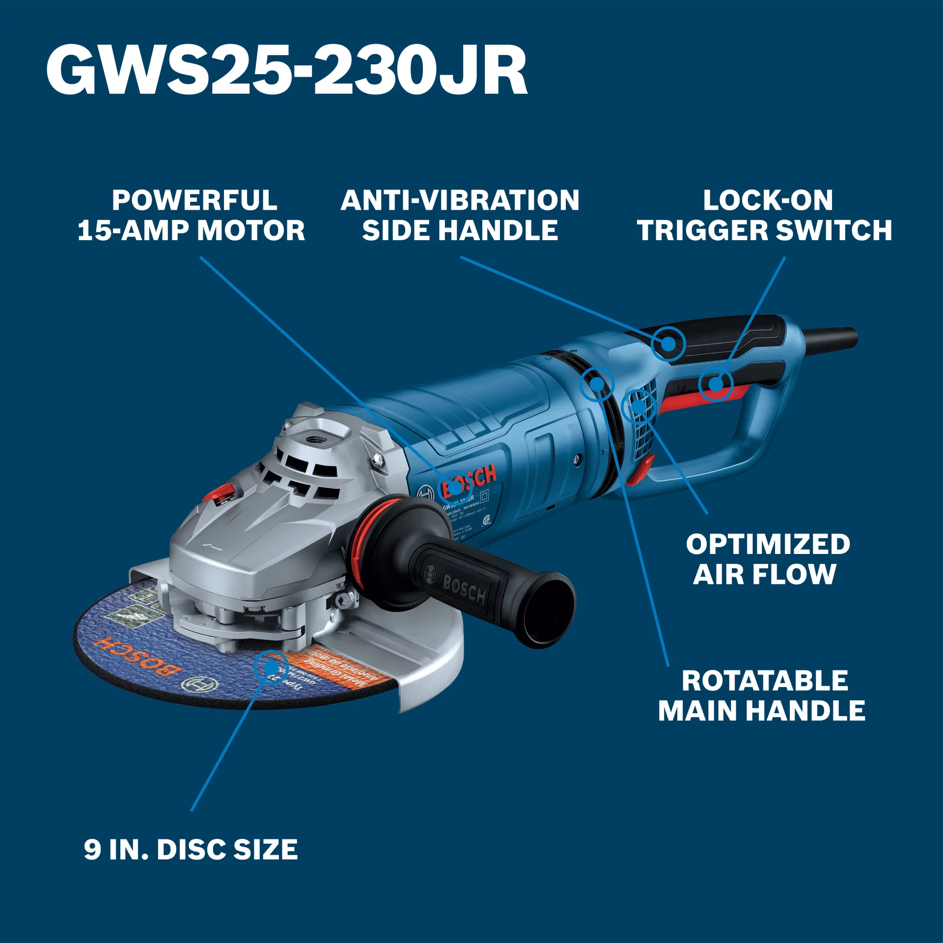 BOSCH GWS25-230JR 9 In. Large Angle Grinder – 15 Amp W/ Lock-On Trigger Switch and Rotatable Main Handle - Image 2