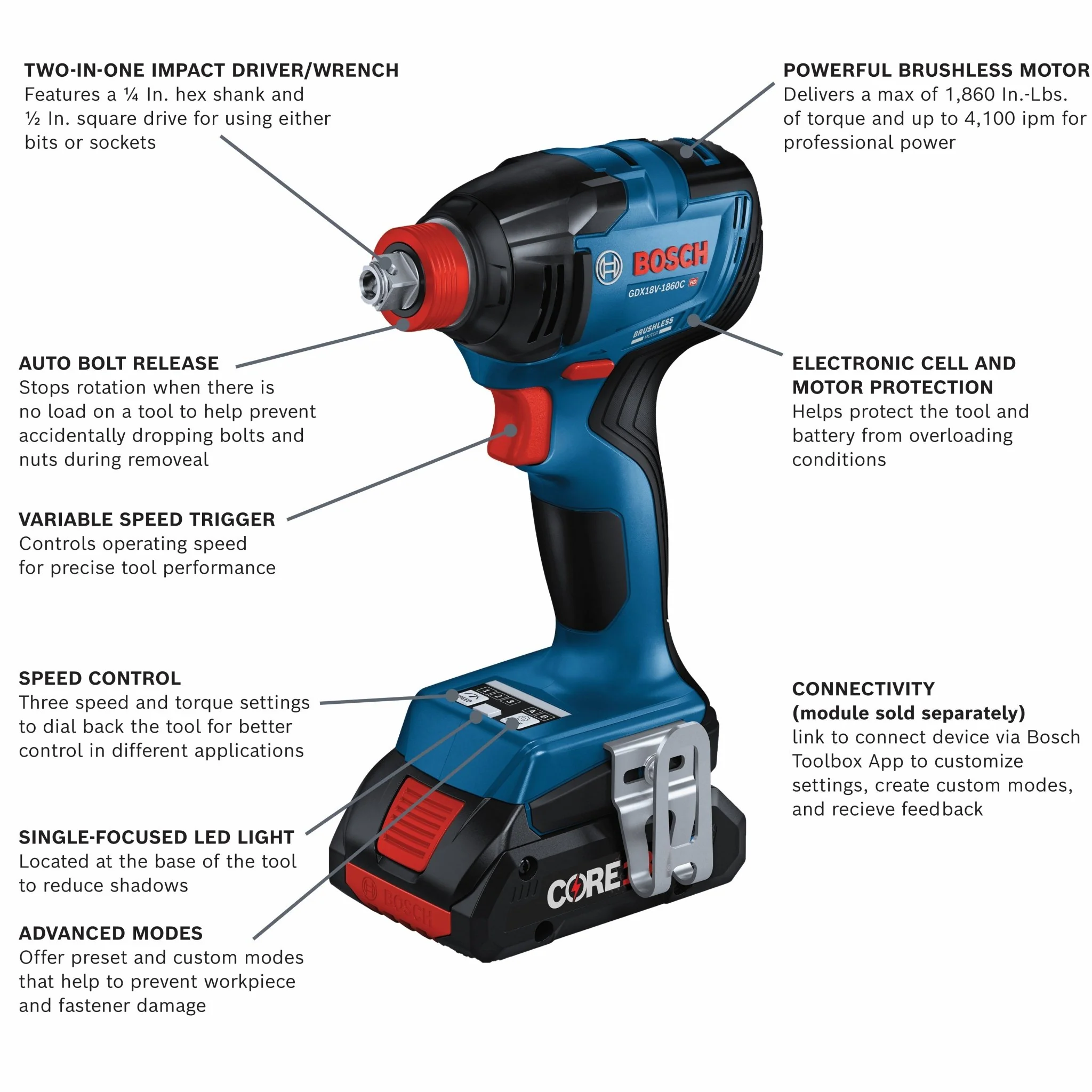 Bosch GXL18V-227B25 18V 2-Tool Combo Kit with Connected-Ready Two-In-One 1/4 In. Bit/Socket Impact Driver/Wrench & 1/2 In. Hammer Drill/Driver - Image 6