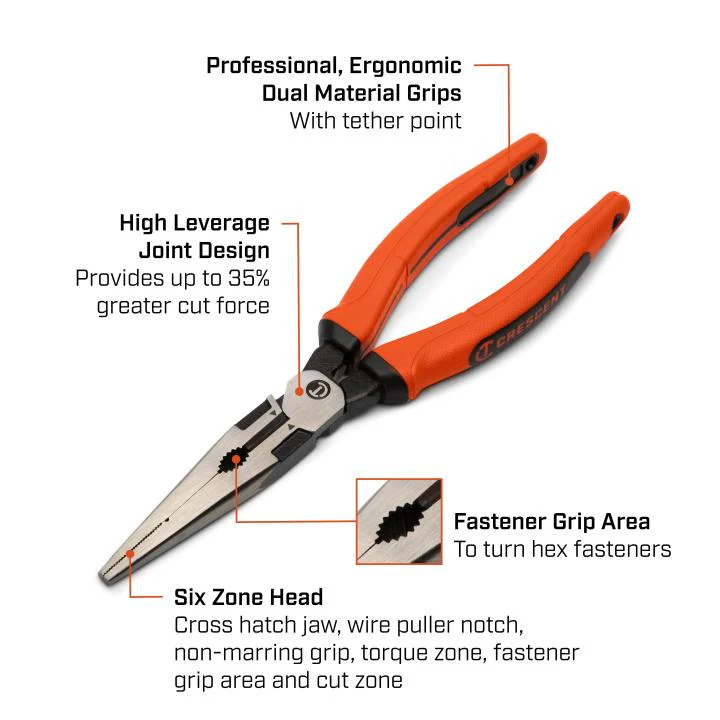 Crescent Z6548CGR-06 8" Z2 Long Nose Plier with Dual Material Grip Rawhide Handle - Image 7