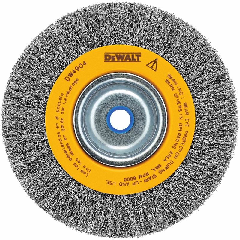 DEWALT 8" crimped bench wire wheel 5/8" abror, medium face, .014" wire
