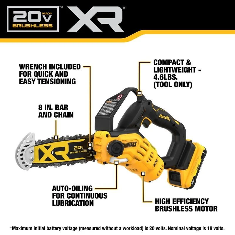 DEWALT DCCS623L1 20V MAX 8 in. Brushless Cordless Pruning Chainsaw Kit with 3 Ah Battery - Image 12