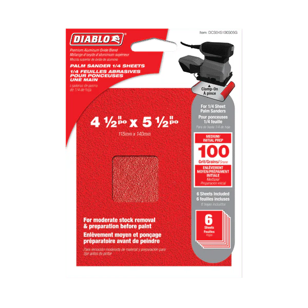 DIABLO DCS045100S06G 4-1/2" x 5-1/2" 100-Grit Palm Sander 1/4 Sanding Sheets (6-Pack) - Image 2