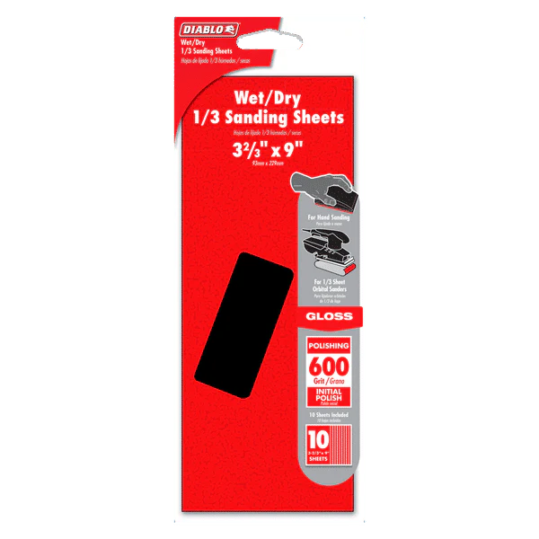 DIABLO DCS323600S10W Wet/Dry 1/3 Sheet (3-2/3 in x 9") 600-Grit (Polishing) Sanding Sheet (10-pc) - Image 2