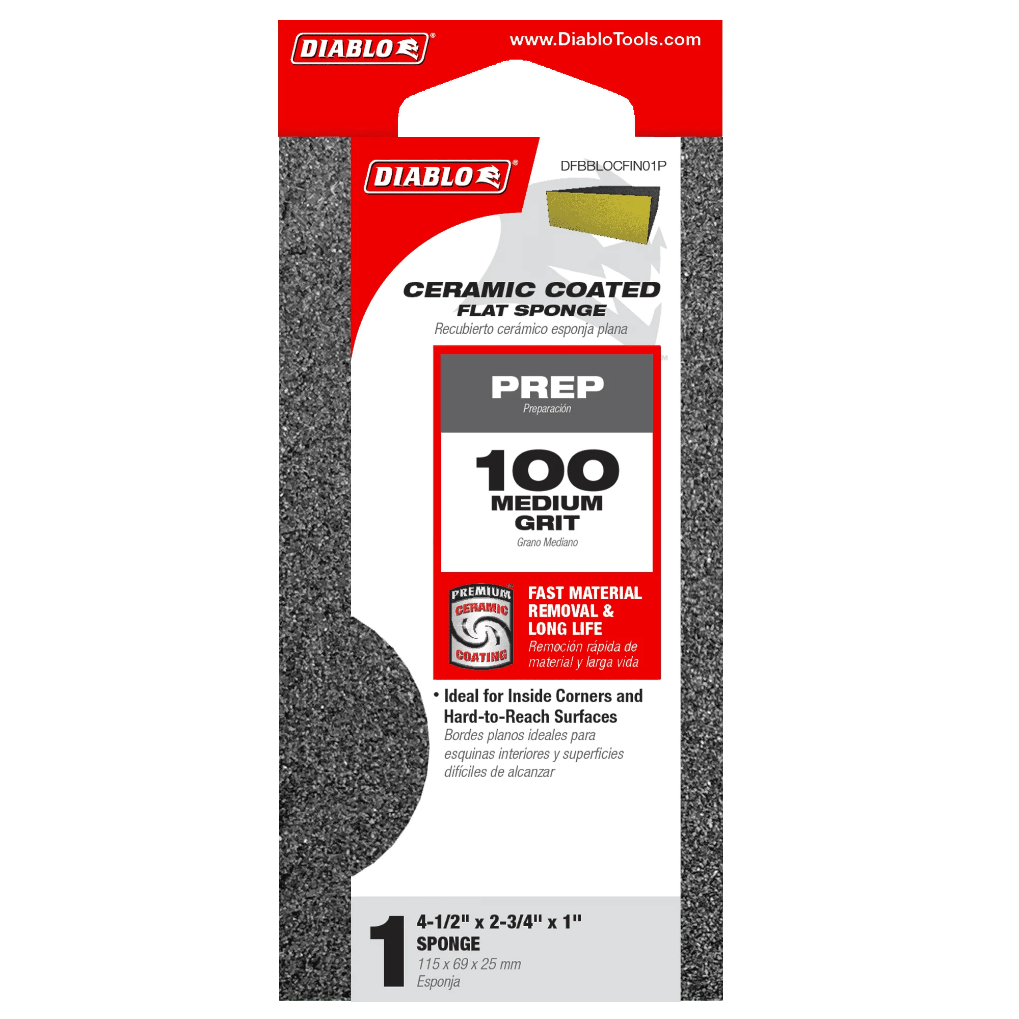 DIABLO DFBBLOCFIN01G 4" x 2-1/2" x 1" 100-Grit Flat Edge Sanding Sponge - Image 2