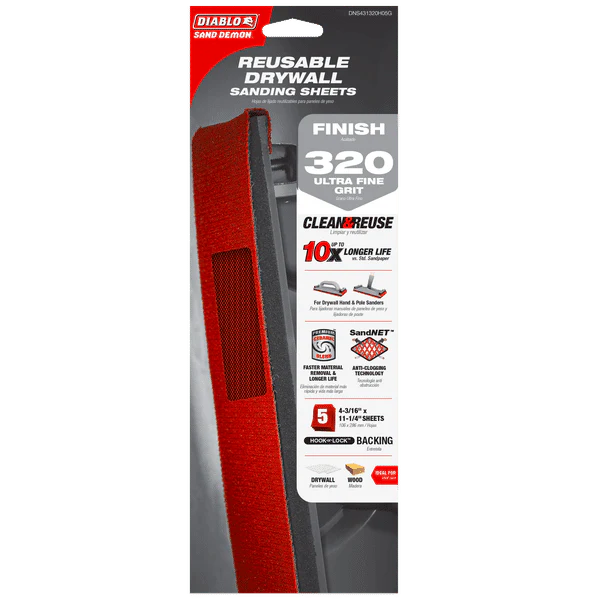 DIABLO DNS431320H05G 4-3/16" x 11-1/4" Sand Demon™ 320-Grit Reusable Sanding Sheets for Drywall (5-c)
