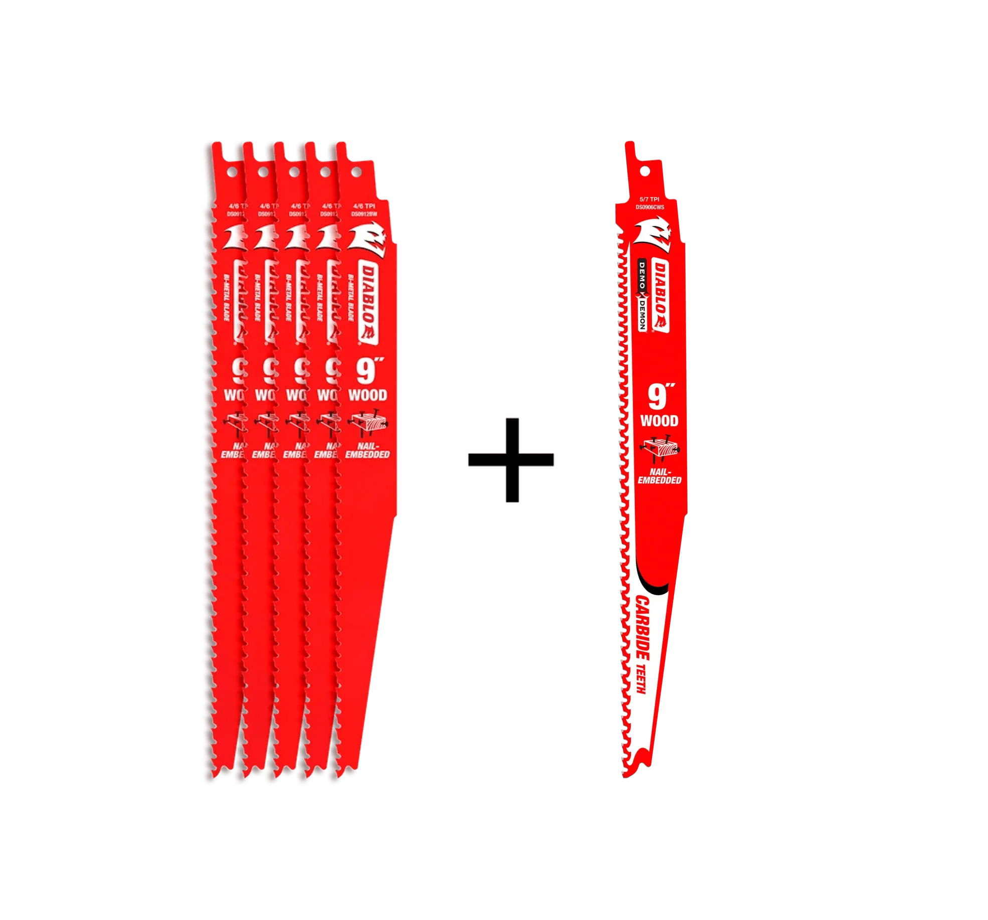 DIABLO DS0912BW5PC 5+1 9” 4/6TPI Bi-Metal Reciprocating Saw Blades for Nail Embedded Wood Cutting