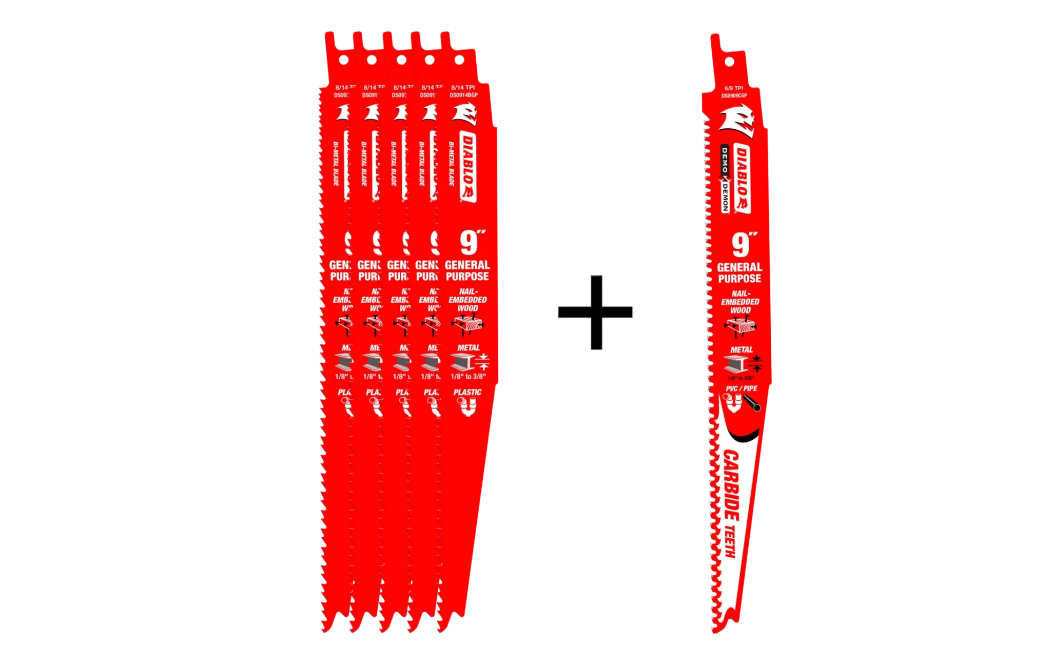 DIABLO DS0914BGP5PC 5+1 9” 8/14TPI Bi-Metal General Purpose Reciprocating Saw Blades for Nail Embedded Wood and Metal Cutting