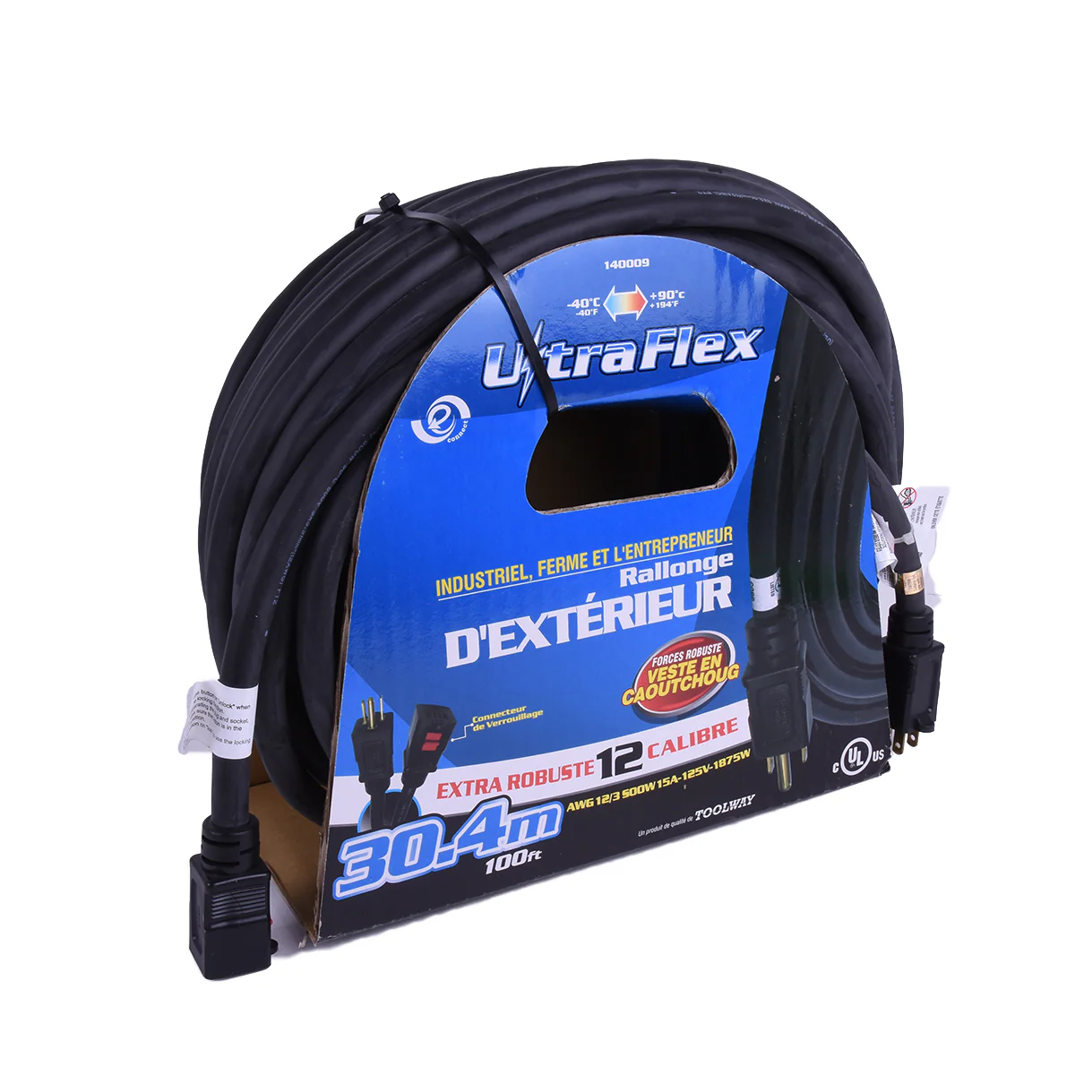 FlexiCord 140009 Extension Cord Outdoor SEOOW 12/3 Single Tap Black Rubber 100ft - Image 2