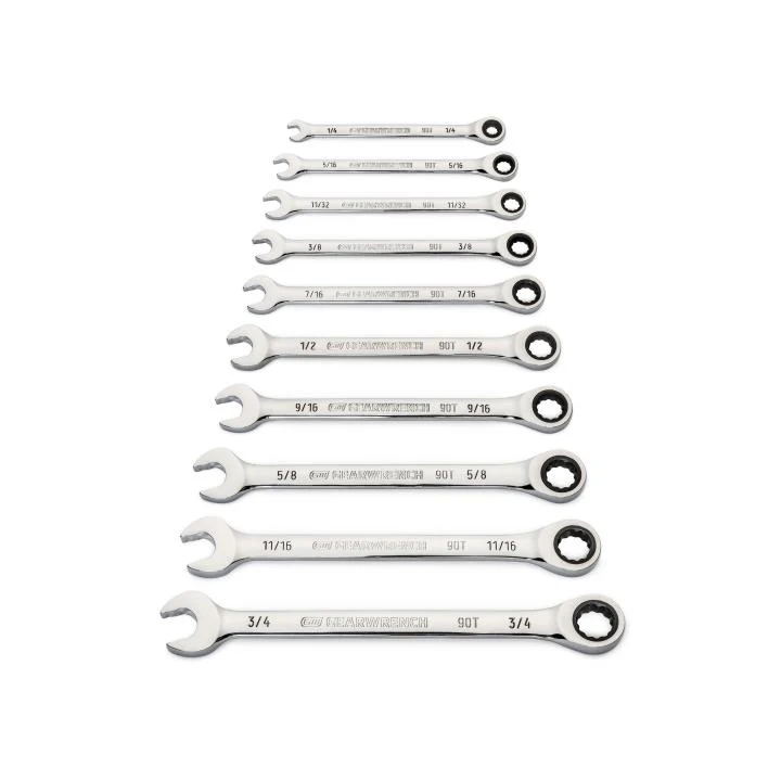 GEARWRENCH 86958 10 Piece 90-Tooth 12 Point SAE Combination Ratcheting Wrench Set