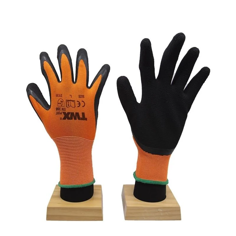 KNITTED POLYESTER GLOVES ORANGE WITH LATEX FOAM BLACK PALM - Image 3