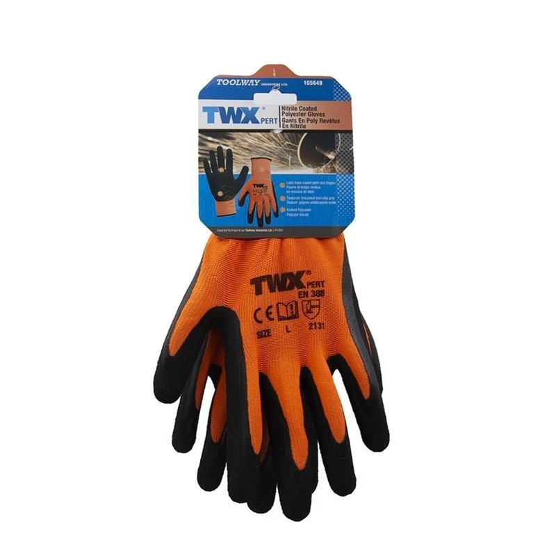 KNITTED POLYESTER GLOVES ORANGE WITH LATEX FOAM BLACK PALM - Image 5