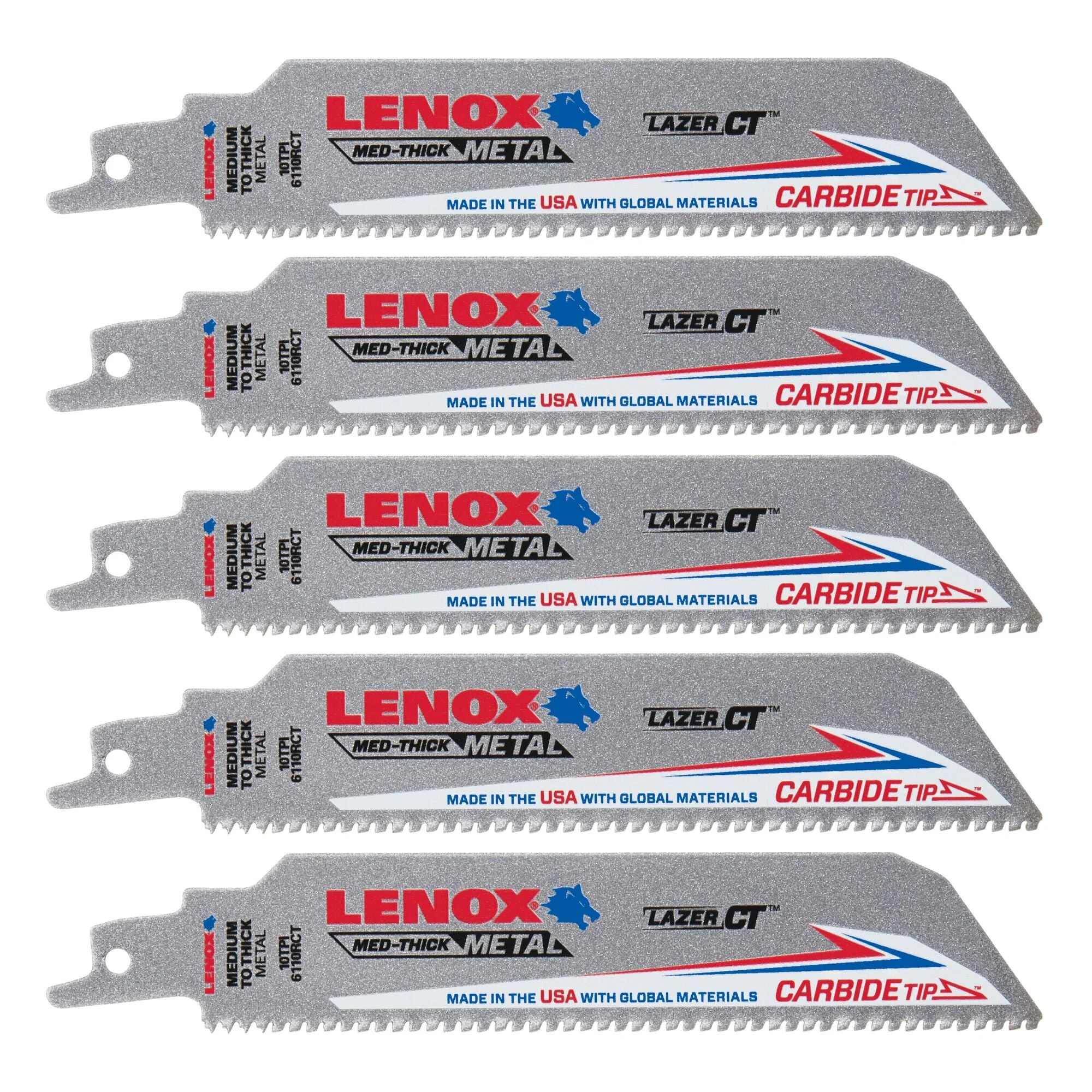 LENOX LXAR6110CT 6 in. x 1 in. LAZER CT™ 10 TPI Carbide Tipped Reciprocating Saw Blades (5 PK)