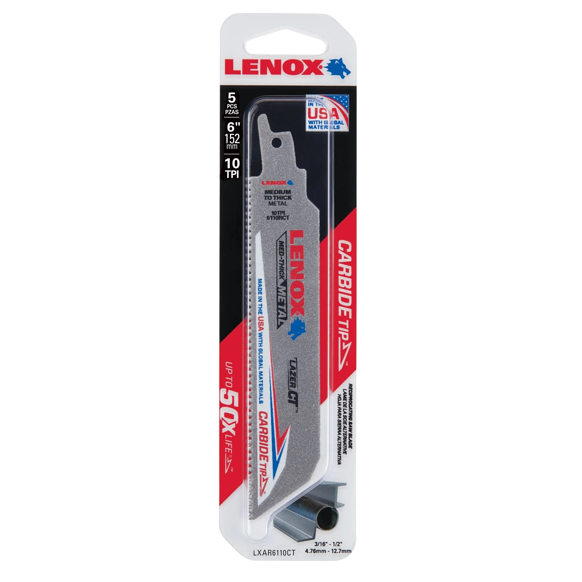 LENOX LXAR6110CT 6 in. x 1 in. LAZER CT™ 10 TPI Carbide Tipped Reciprocating Saw Blades (5 PK) - Image 2