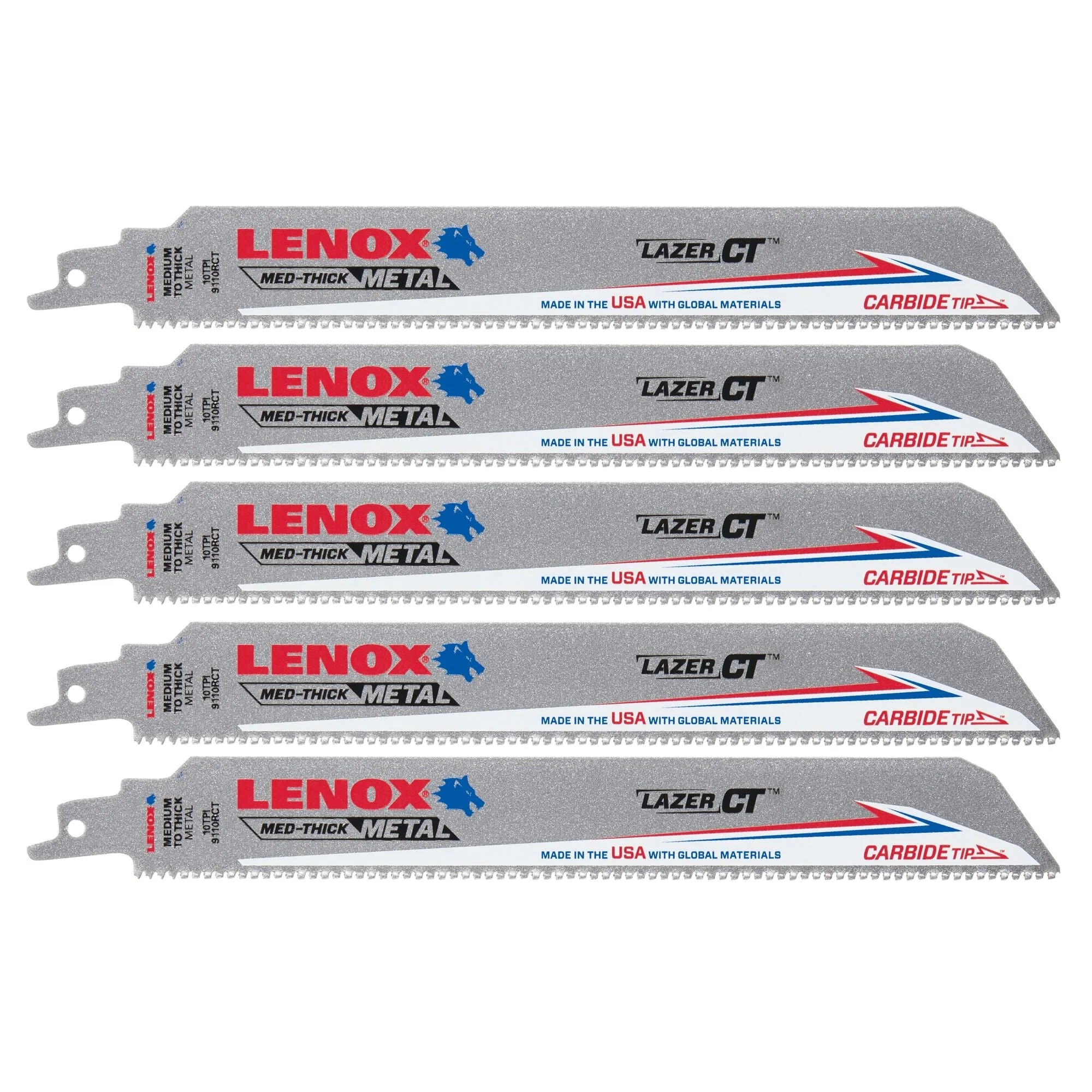 LENOX LXAR9110CT 9 in. x 1 in. LAZER CT™ 10 TPI Carbide Tipped 9" Reciprocating Saw Blades (5 PK)