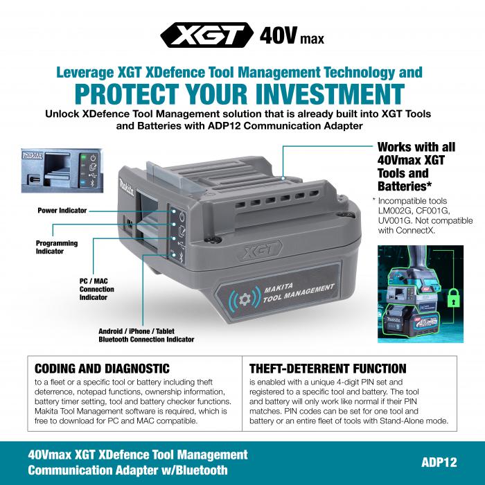 Makita ADP12 40Vmax XGT XDefence Tool Management Communication Adapter w/Bluetooth - Image 3