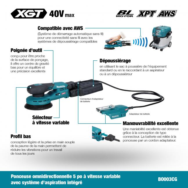 Makita BO003CGZ 40Vmax XGT Brushless 5" Random Orbit Sander w/AWS - Tool Only - Image 9