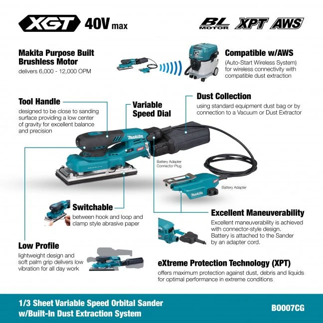 Makita BO007CGZ 40Vmax XGT Brushless 1/3 Sheet Orbital Sander w/AWS - Image 3