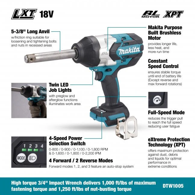 Makita DTW1005Z 18V LXT Brushless 3/4" Long Anvil High Torque Impact Wrench - Tool Only - Image 2