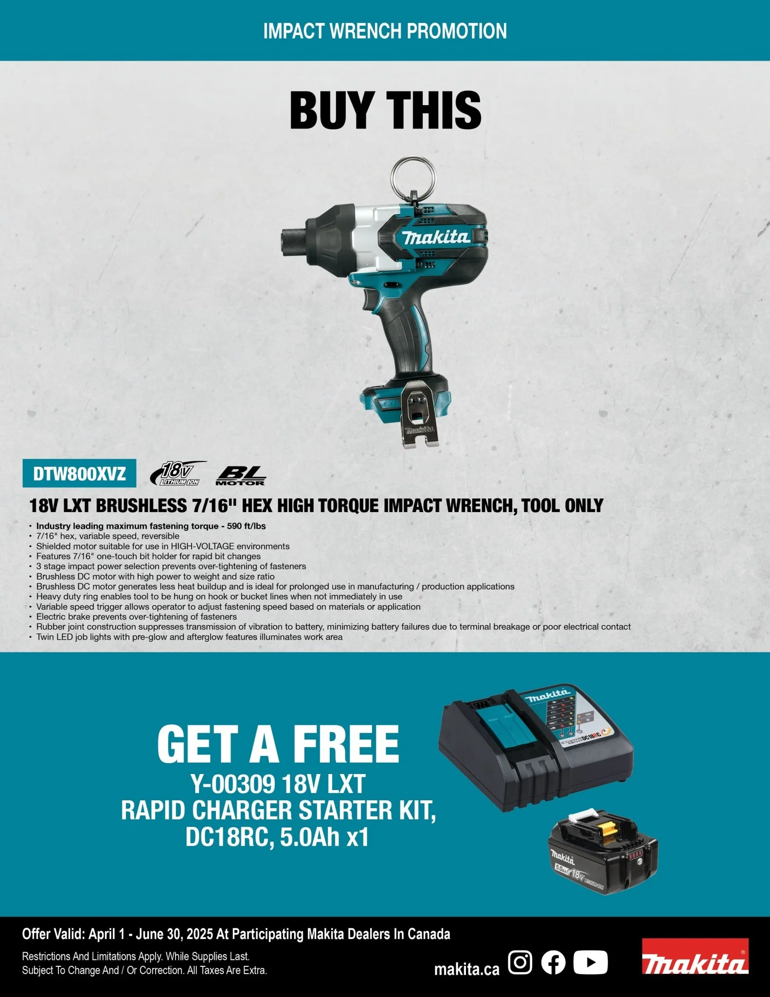 Makita DTW80OXVZ 18V LXT Brushless 7/16" Hex High Torque Impact Wrench, Tool Only - Image 2