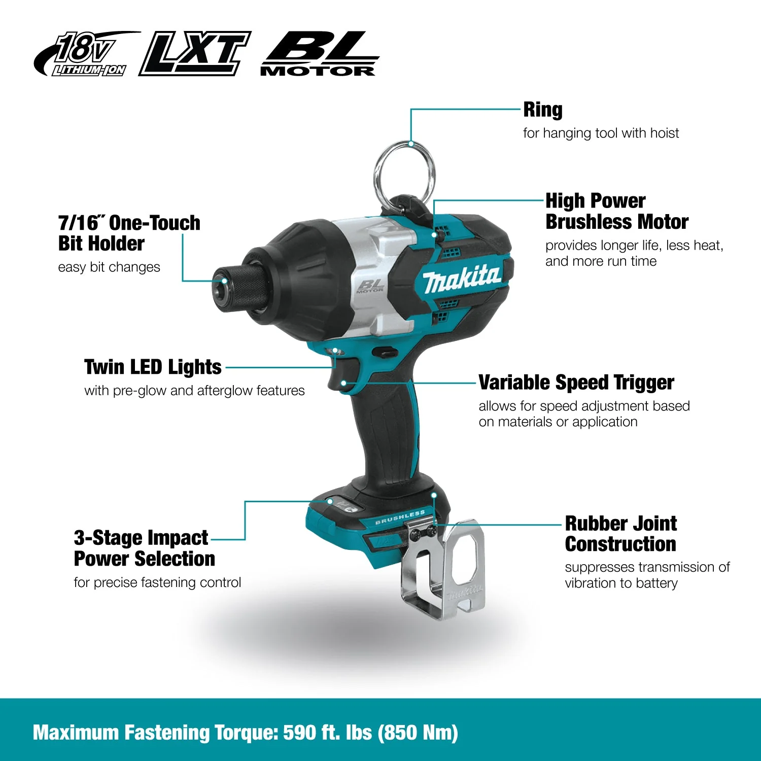 Makita DTW80OXVZ 18V LXT Brushless 7/16" Hex High Torque Impact Wrench, Tool Only - Image 3
