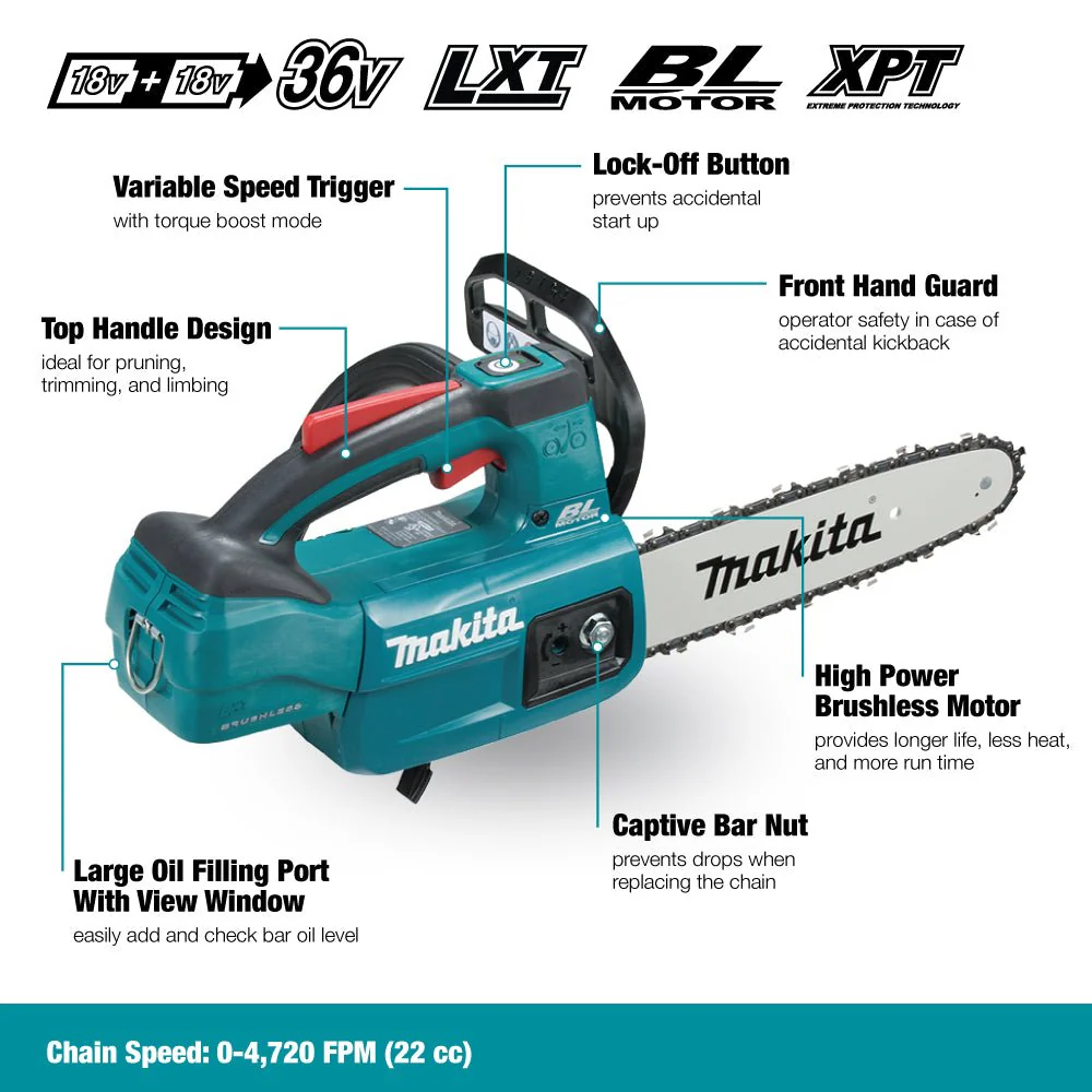 MAKITA DUC254Z 18V LXT Brushless 10" Top Handle Chainsaw, Tool Only - Image 3