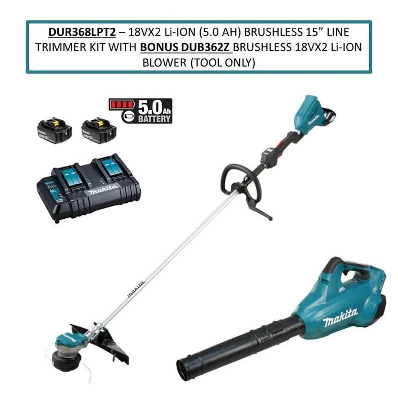 Makita DUR368LPT2 18VX2 (36V) Li-Ion (5.0 Ah) Brushless 15 in Line Trimmer Kit with Bonus DUB362Z (18VX2) Turbo Brushless Blower (Tool Only)