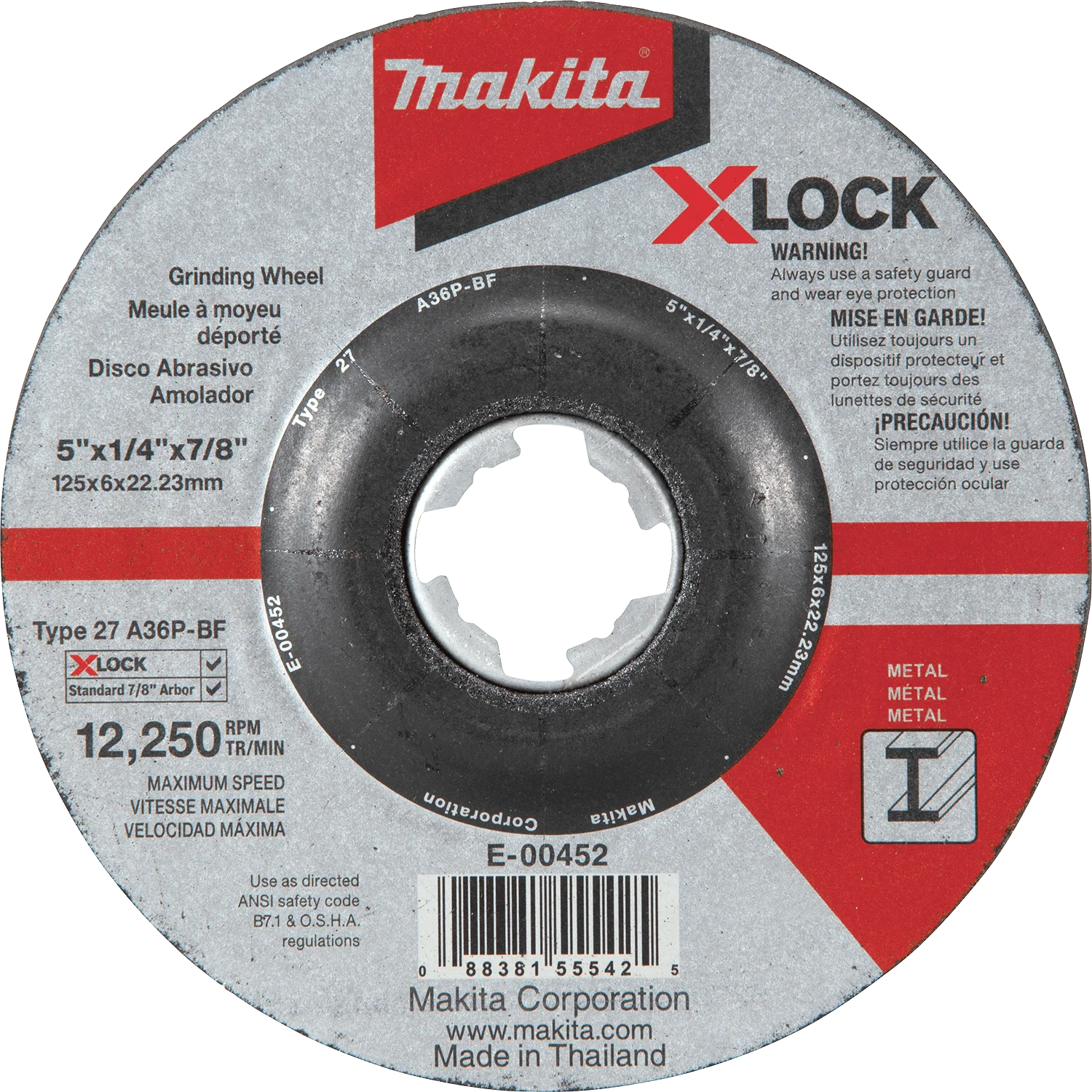 Makita E-00452 X‑LOCK 5" x 1/4" x 7/8" Type 27 General Purpose 36 Grit Metal Abrasive Grinding Wheel - Image 2