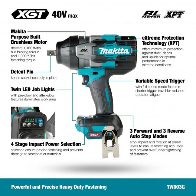 Makita TW003GZ 40Vmax XGT Brushless 1/2" High Torque Impact Wrench, Tool Only - Image 2