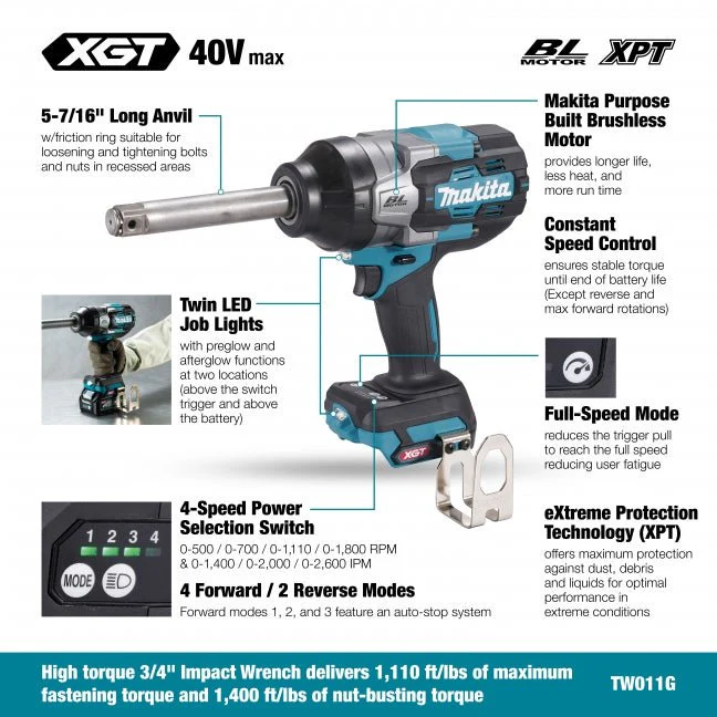 Makita TW011GZ 40Vmax XGT Brushless 3/4" Long Anvil High Torque Impact Wrench - Tool Only - Image 2