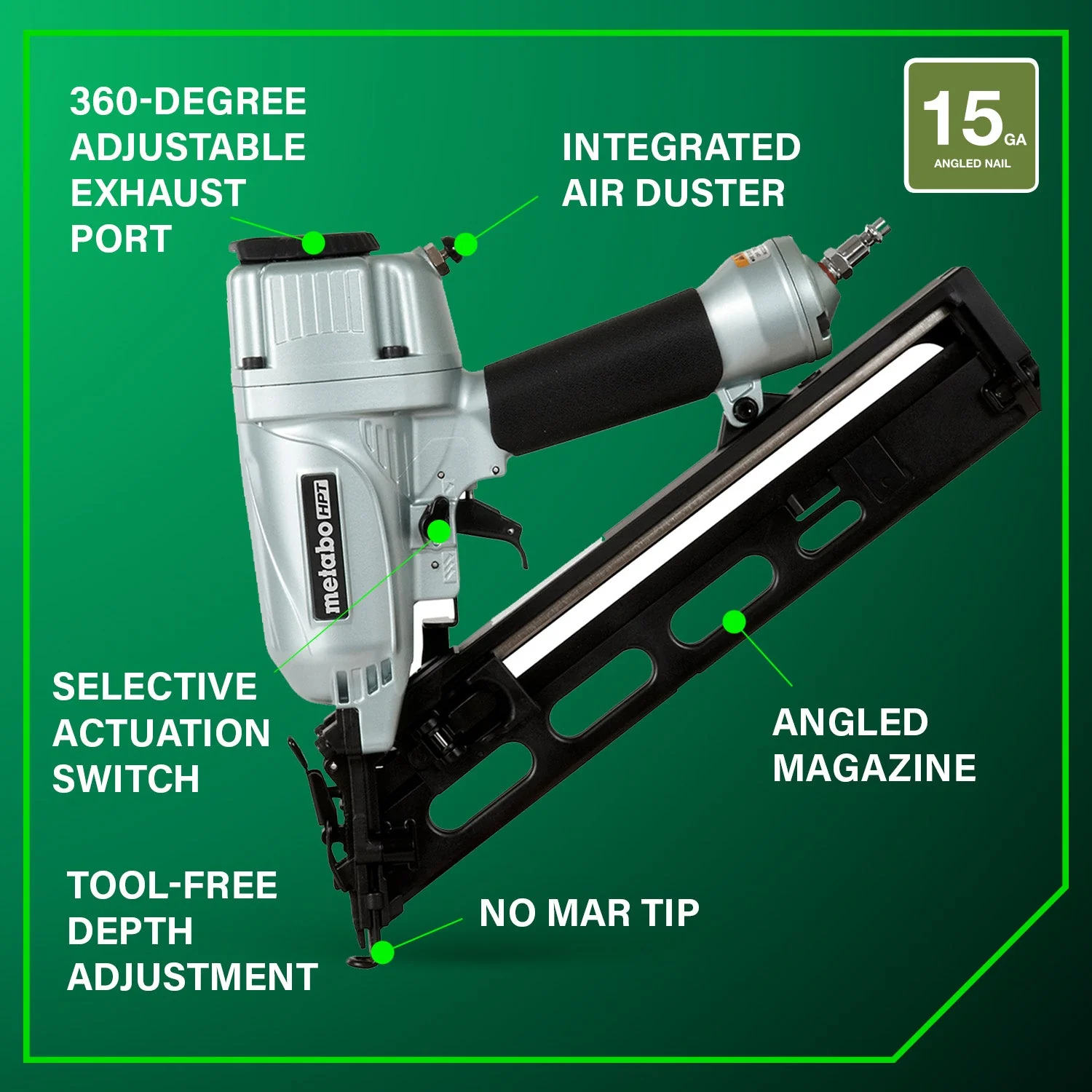 metabo HPT NT65MA4M 2-1/2 Inch 15 Gauge Angled Finish Nailer with Air Duster - Image 4