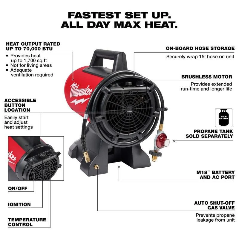 MILWAUKEE 0801-20C M18 70,000 BTU Forced Air Propane Heater - Image 3