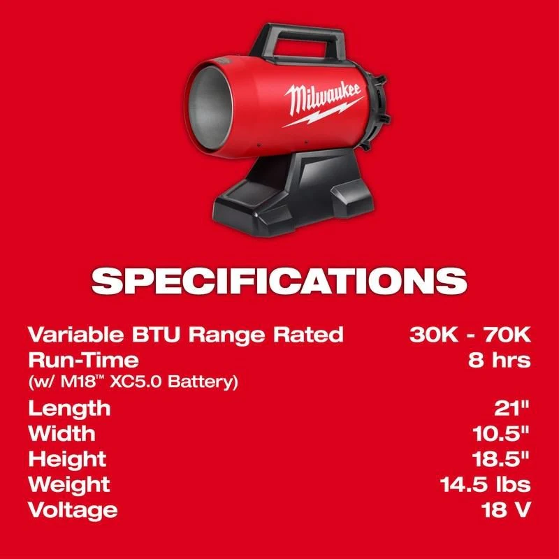 MILWAUKEE 0801-20C M18 70,000 BTU Forced Air Propane Heater - Image 5