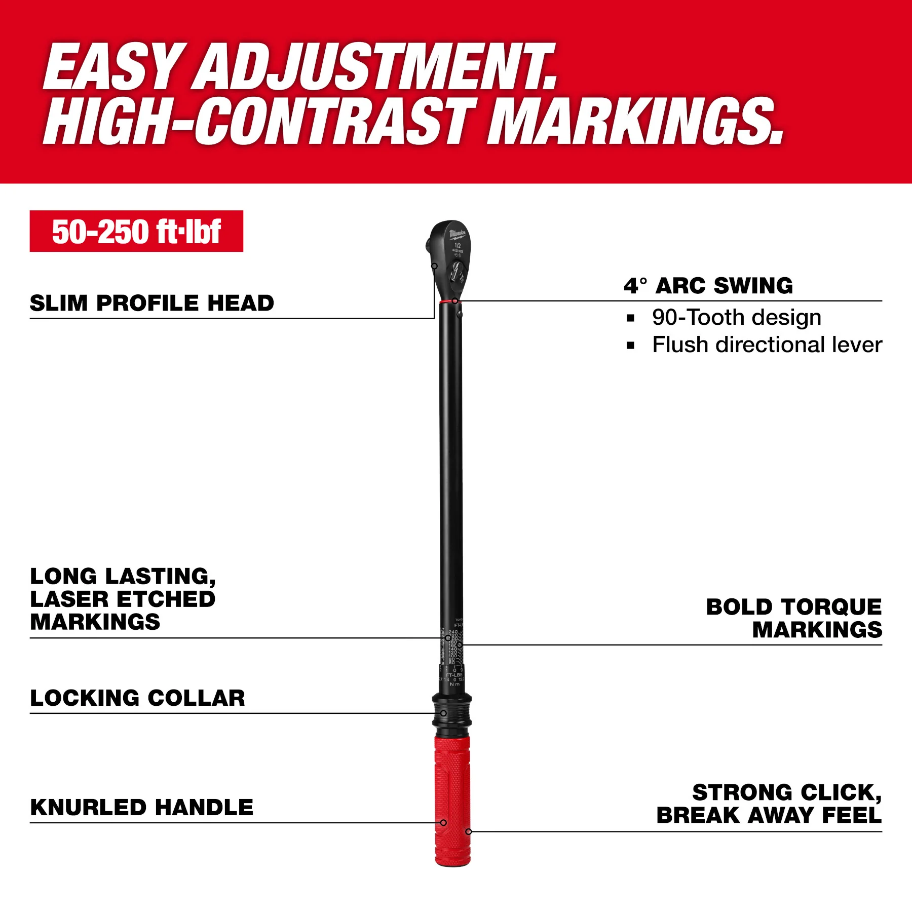 Milwaukee 1/2" Drive Click Torque Wrench (50-250 ft·lbf) 48-22-9203 - Image 2