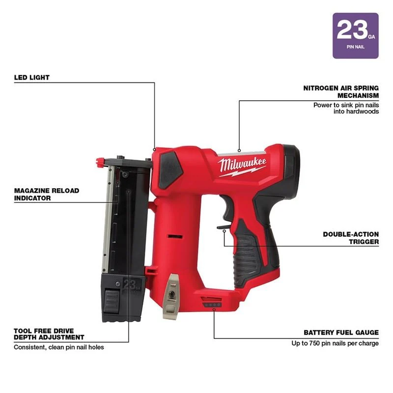 Milwaukee 2540-20 M12 23 Gauge Pin Nailer - Image 3