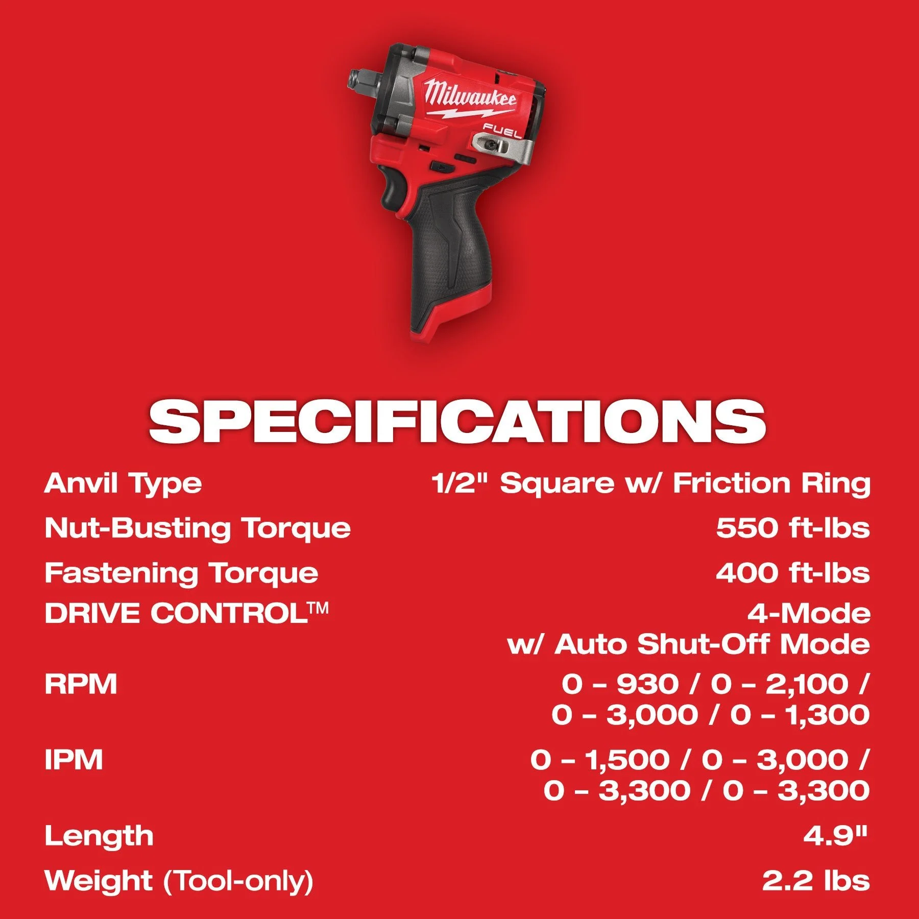 Milwaukee 2563-20 M12 FUEL™ Stubby 1/2" Impact Wrench - Image 4