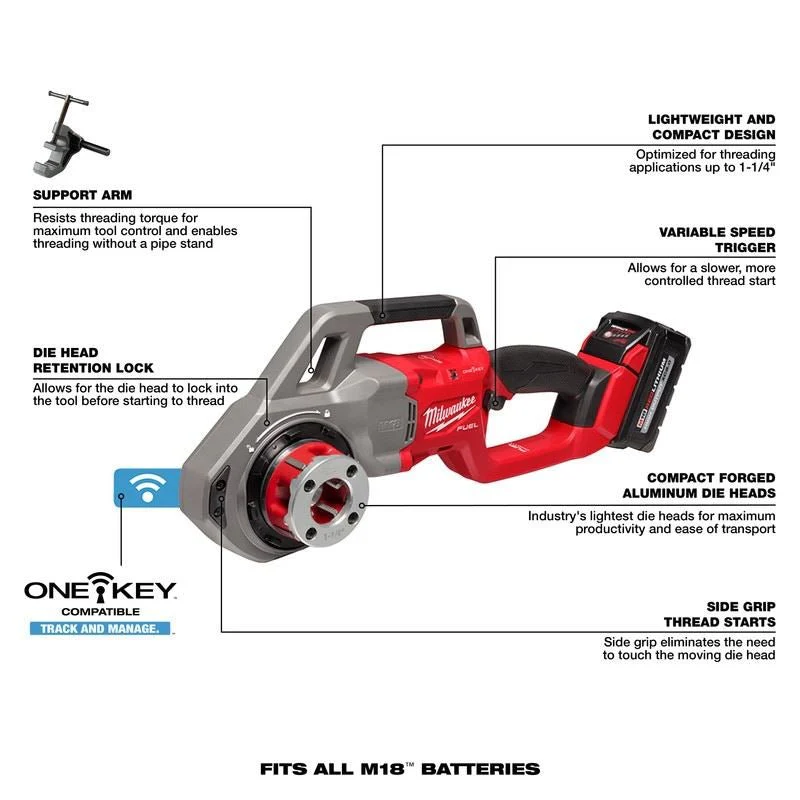 Milwaukee 2870-22 M18 FUEL Compact Pipe Threader w/ ONE-KEY w/ 1/2in - 1-1/4in Compact NPT Forged Aluminum Die Heads - Image 30