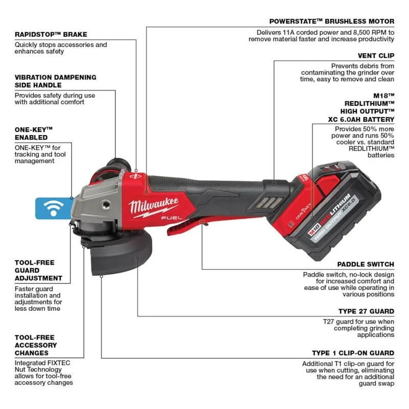 Milwaukee 2882-22 M18 FUEL 4-1/2n / 5in Braking Grinder w/ ONE-KEY Paddle Switch, No Lock - Image 2