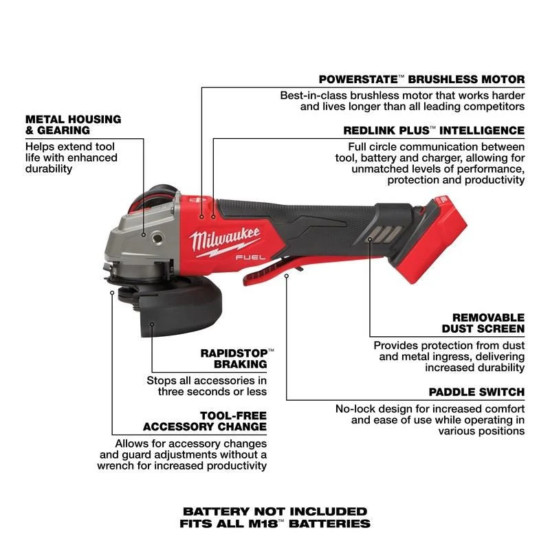 Milwaukee 2888-20 M18 FUEL 4-1/2in / 5in Variable Speed Braking Grinder, Paddle Switch No-Lock - Image 5