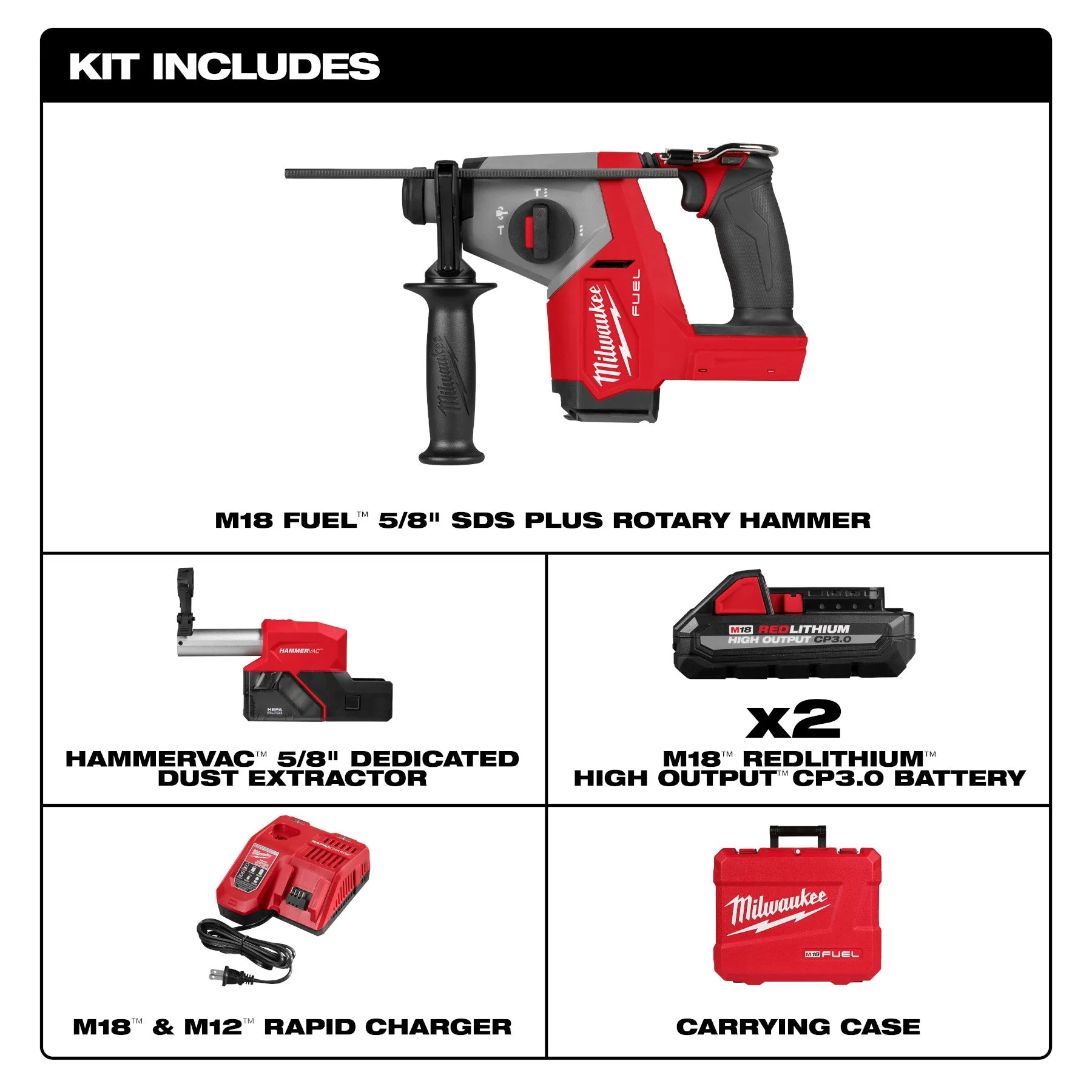 Milwaukee 2908-22DE M18 FUEL™ 5/8" SDS Plus Rotary Hammer w/ Dust Extractor Kit - Image 2
