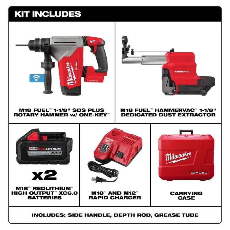 Milwaukee 2915-22DE M18 FUEL 1-1/8in SDS Plus Rotary Hammer w/ ONE-KEY and HAMMERVAC Dedicated Dust Extractor Kit - Image 2