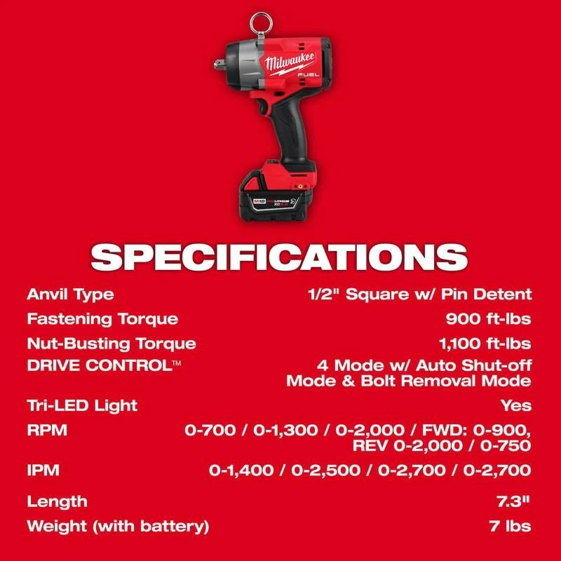Milwaukee 2966-22 M18 FUEL 1/2in High Torque Impact Wrench w/ Pin Detent Kit - Image 8