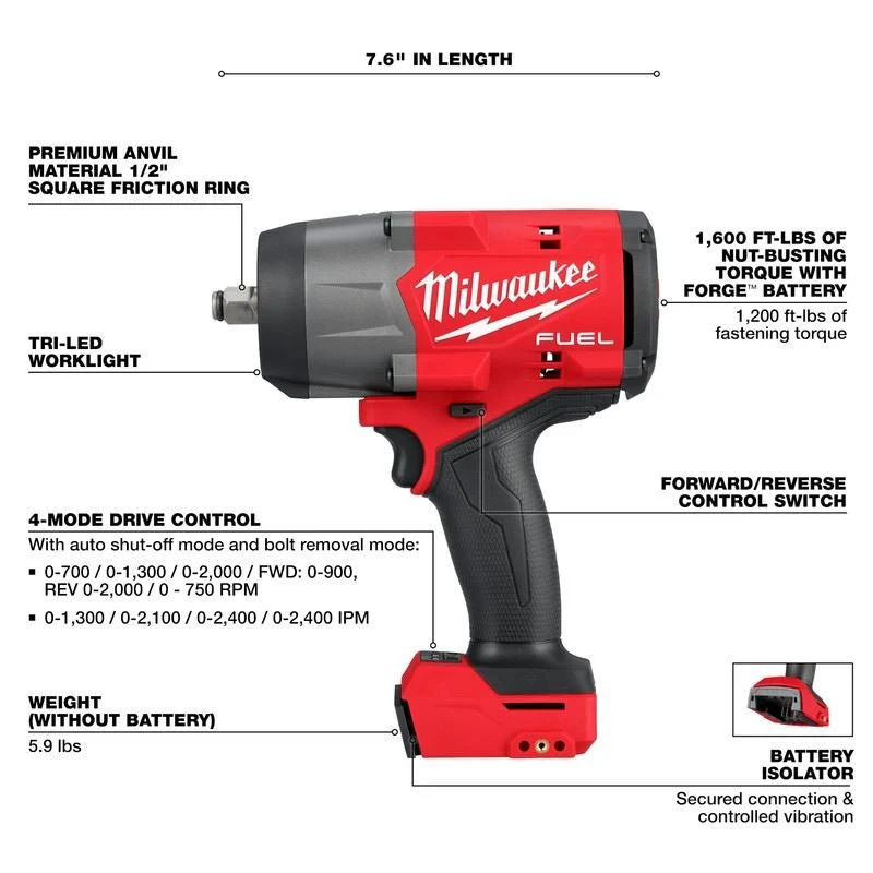Milwaukee 2967-20 M18 FUEL 1/2in High Torque Impact Wrench w/ Friction Ring - Image 11