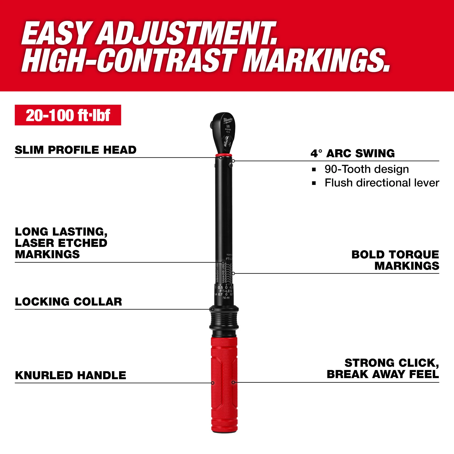 Milwaukee 3/8” Drive Click Torque Wrench (20-100 ft·lbf) 48-22-9202 - Image 3