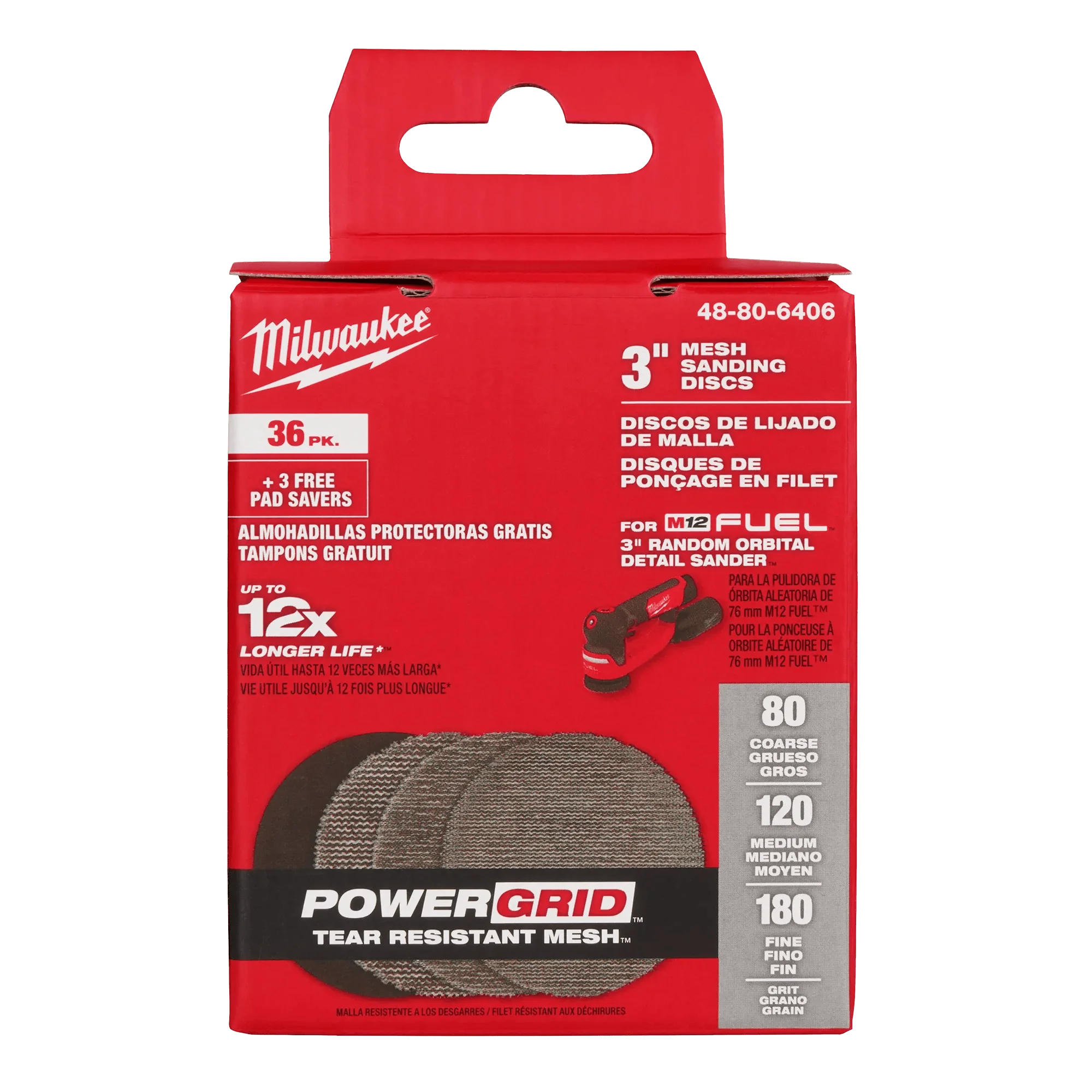 Milwaukee 3” Assorted 80, 120, 180 Grit Mesh Sanding Discs with POWERGRID™ Tear Resistant Mesh – 36 pk + 3 Pad Savers