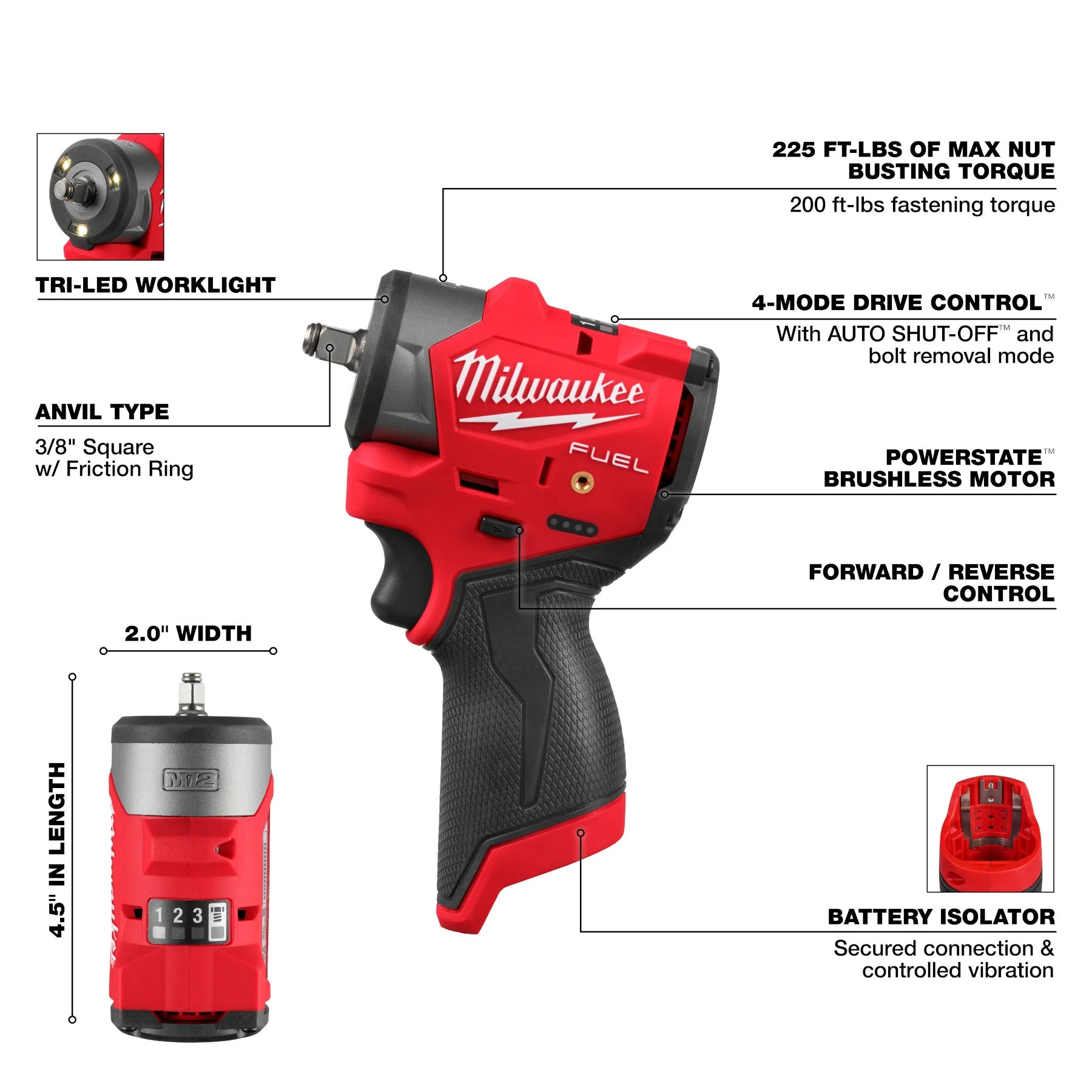 Milwaukee 3049-20 M12 FUEL™ 3/8" Subcompact Impact Wrench w/ Friction Ring (Tool Only) - Image 2