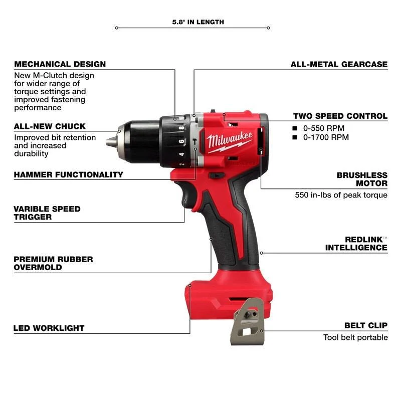 Milwaukee 3602-20 M18 Compact Brushless 1/2in Hammer Drill/Driver - Image 6